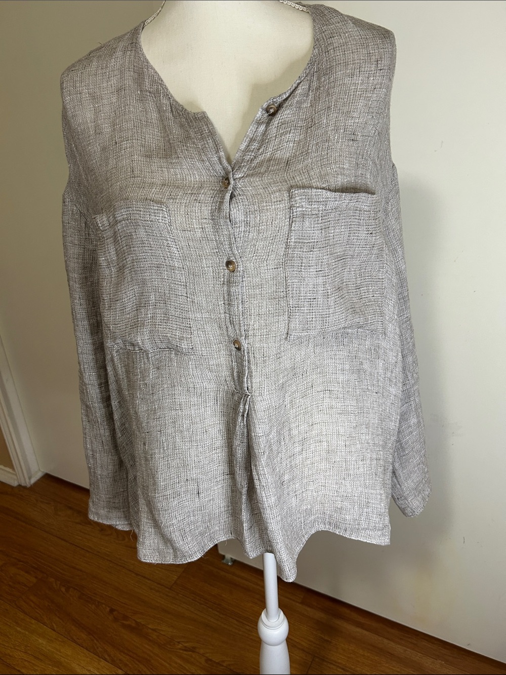 Zara Light Beige Linen Button-Down Pocket Blouse
